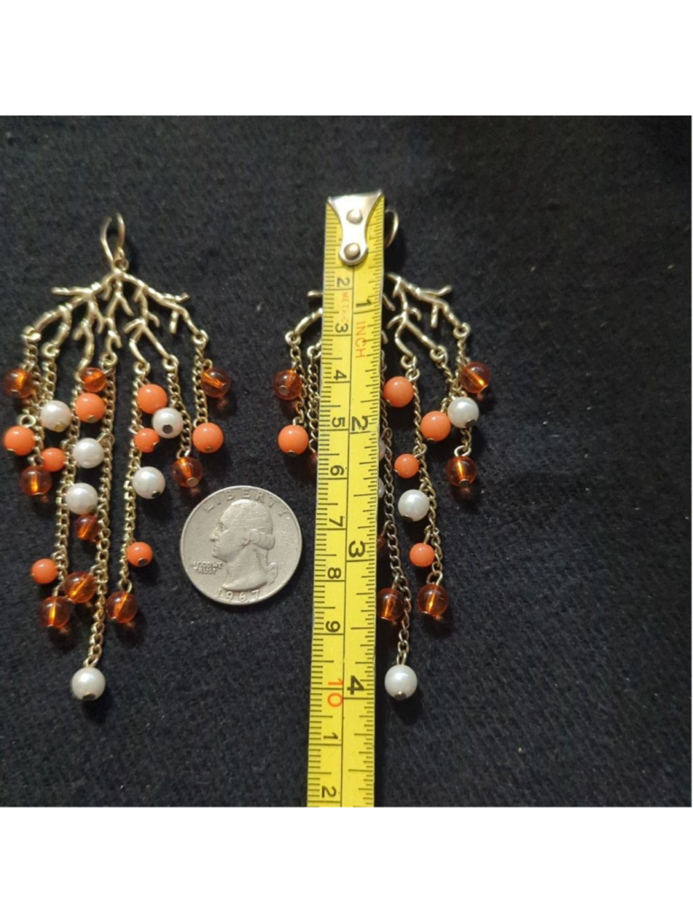 Gold Tone Branch Coral White Peach Beaded Chandelier Dangle Statement Earrings - Picture 3 of 3